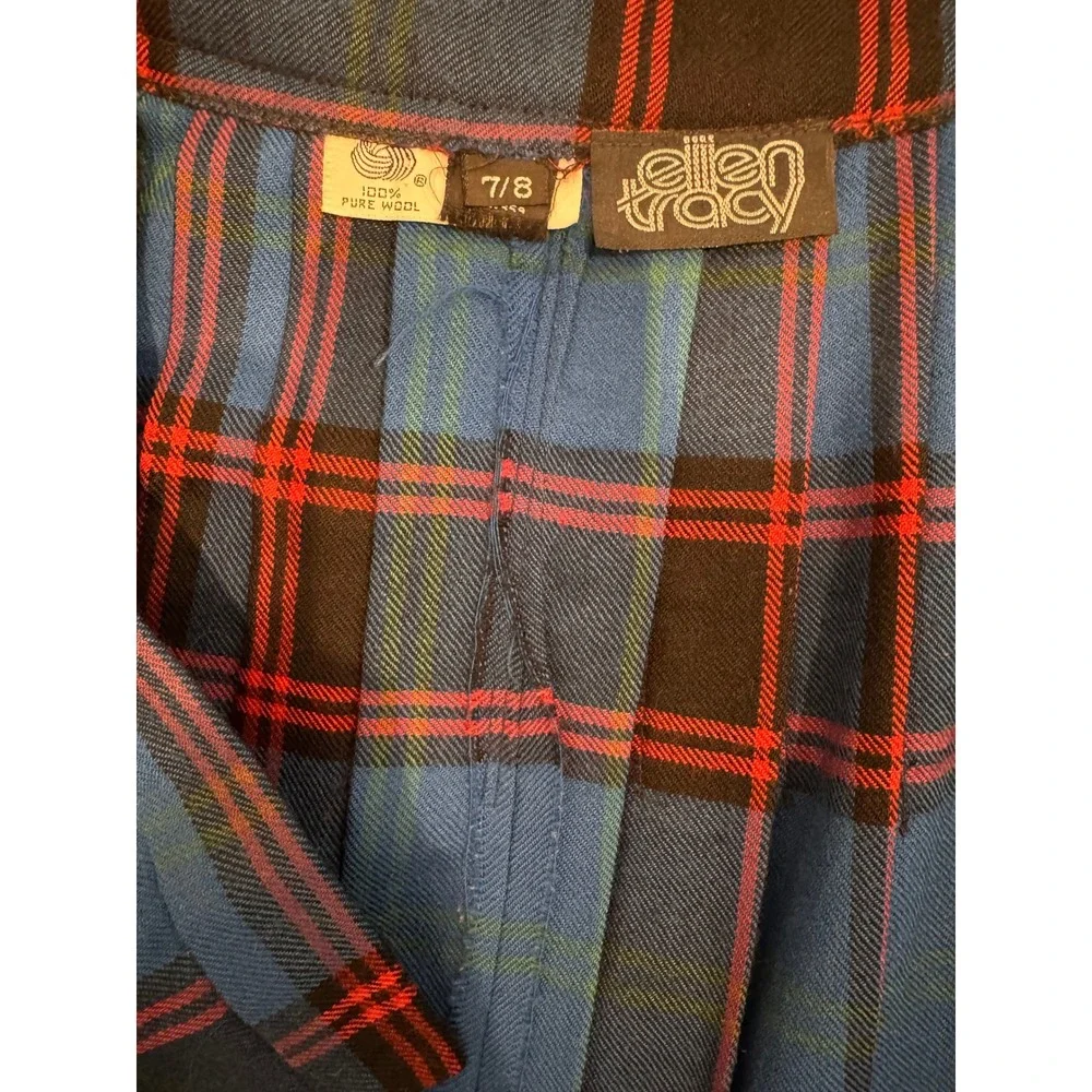 Vintage Ellen Tracy 100% Pure Wool Plaid‎ Pleated Midi Skirt Blue Red Size 7/8